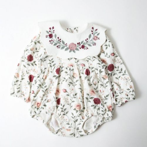 Picolette by Olivia Culpo Baby Girls' Floral bib Long Sleeve Romper - Ivory/Pink 0-3M