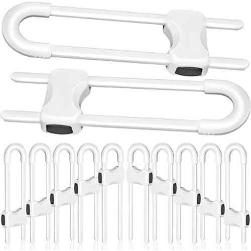 Modacraft 10 Pcs Sliding Cabinet Latches, U Shaped Cabinet Door Locks, Baby Cabinet Safety Latches for Baby Proofing, No Drilling Tool-Free Installation Easy to Use for Knobs or Handle Double Door