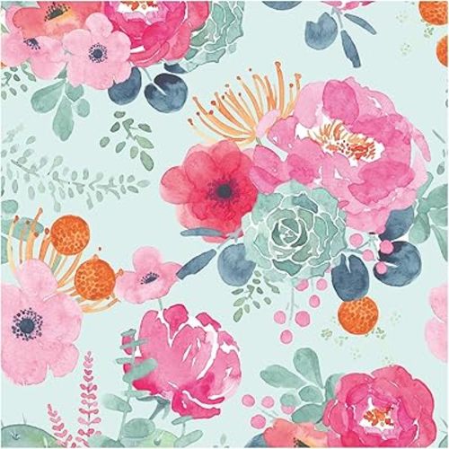 HAOKHOME Peony Peel and Stick Floral Wallpaper Removable Teal Blue/Pink/Grey Vinyl Cabinet Self Adhesive Shelf Liner 17.3in x 9.8ft