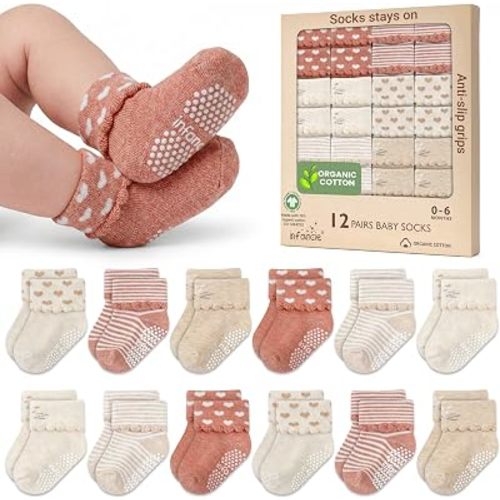 GOTS Organic Cotton Blend 12 Infant Socks 0-6 M Boys Non Slip Shower Gift