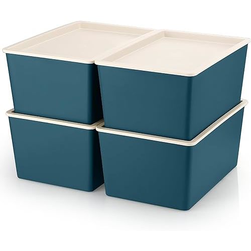 Menkxi 4 Pcs Storage Bins with Lids Plastic Containers Stackable Storage Box Baskets for Organizing Shelves(Blue,Small)