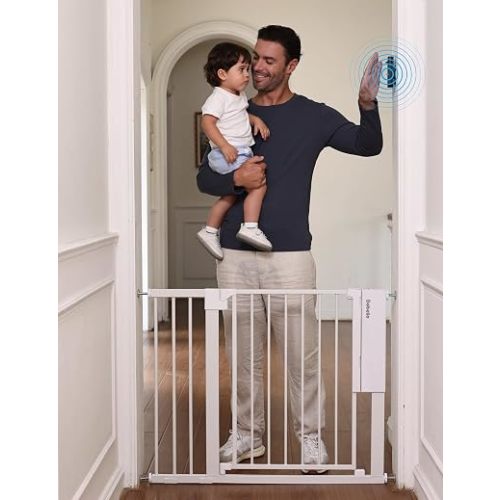 Babelio Smart Baby Gate with Auto-Unlock/Close, Pressure Mounted No Drill for Doorways/Top of Stairs. Pet/Dog Door Wide Walk Thru w/Infrared Sensor & Instant Safety Alert (White, 26.3-37.8" W, 30" H)