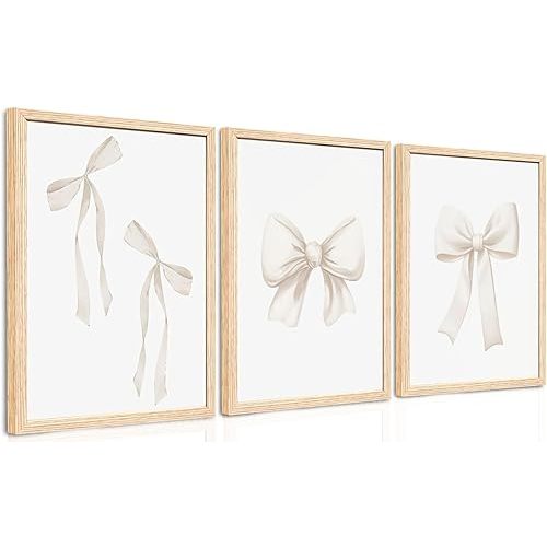 PicturePerfect Decor Bow frame wall art decoration set of 3 pieces beige aesthetic wall art fashion girl bedroom wall decoration beige bow print living room university apartment 12x16 inches