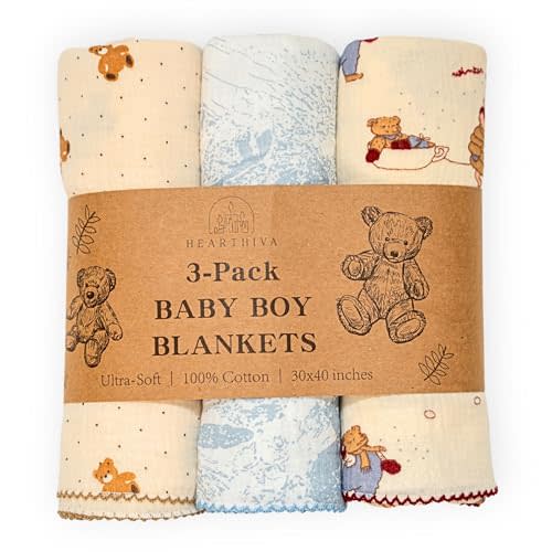 HEARTHIVA Baby Blanket Set – 3-Pack 100% Cotton Muslin Receiving Blankets for Newborns – Soft Breathable Lightweight Nursery Blankets – 30"x40" Whimsical Animal Print