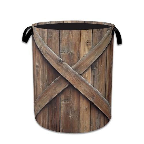 Vintage Barn Door Laundry Hamper With Handle,Foldable Oxford Cloth Wooden Laundry Basket,20.8"x16" Clothes Storage Basket for Laundry Room/Bedroom/Bathroom