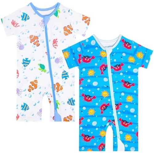GUISBY Baby Romper 2-Pack, Soft Zipper Romper, Short Sleeve Footless Pajamas, Breathable Summer Infant Clothes 0–18 Months