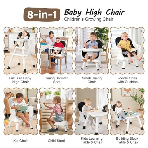 Cowiewie 8 in 1 Baby High Chair Growing with Baby High Chairs for Babies and Toddlers Chair Set Building Block Table Highchair with Safety Harness, Removable Tray (White & Black)