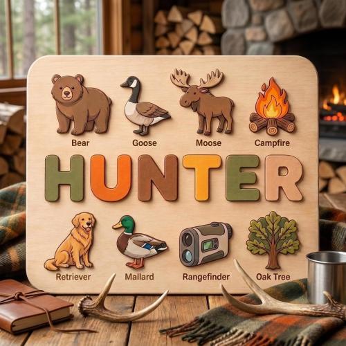 Personalized Hunting Name Puzzle | Woodland Hunter Wooden Name Puzzle | Custom Outdoor Montessori Puzzle | Baby Shower Gift