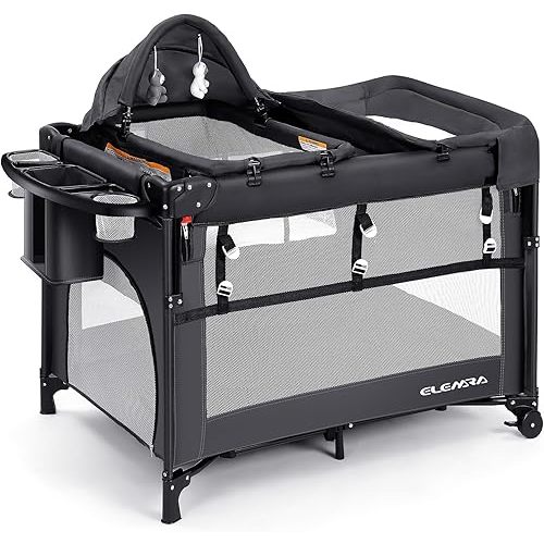 ELEMARA 5 in 1 Pack n Play,Adjustable Baby Bassinets Bedside Sleeper with Mattress,1-Step Opening Foldable Nursery-Center from Newborn to Toddles,Changing Table,Locking Wheels, Breathable Mesh