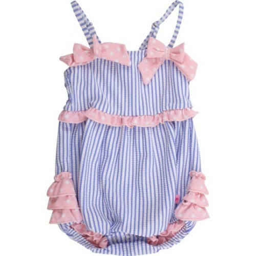 UPF50+ Seersucker One Piece Bow Bubble Romper Swimsuit, 6-12M