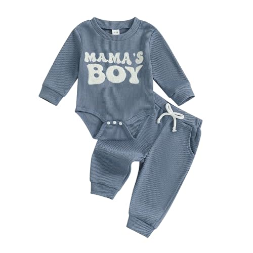 Newborn Baby Boy Clothes Mamas Boy Letters Embroidered Waffle Baby Sweatshirt Romper + Pants Sets Fall Winter Outfits