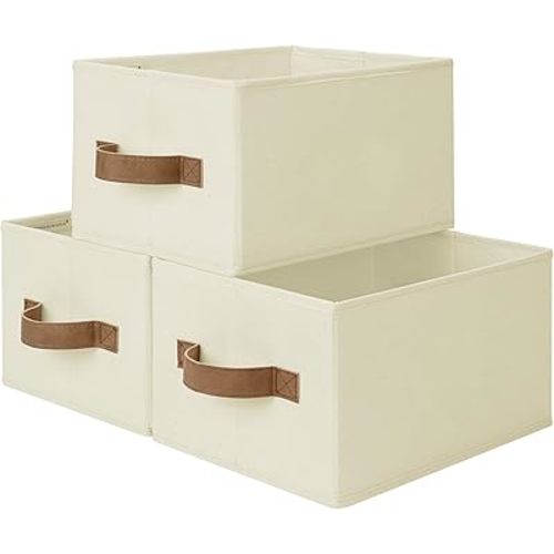 StorageWorks Storage Baskets for Shelves, Foldable Fabric Closet Storage Bins with PU Handles, Fabric Storage Bins Clothes Organizer, Ivory White, 3-Pack, Small