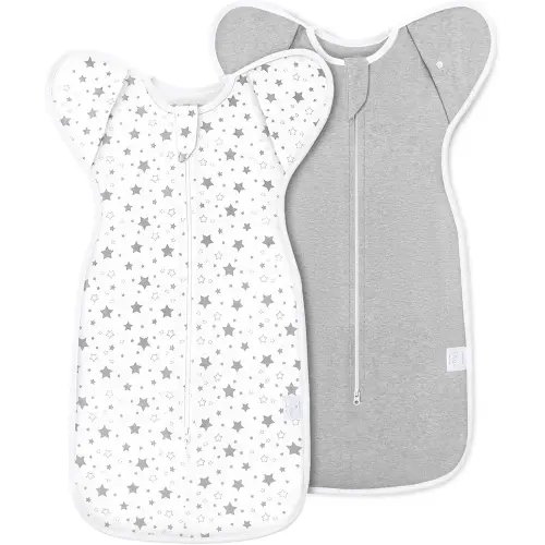 2-Pack Baby Swaddle Sleep Sack 0-3 Months - Arms Up Transitional Swaddle for Newborns, Baby Sleep Sack with Cuff Removable & 2-Way Zipper, Gray Stars Design