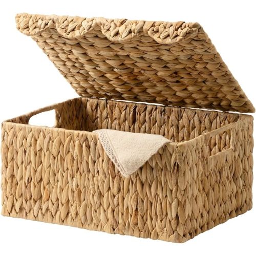 Storageworks Scalloped Wicker Basket With Lid, Woven Water Hyacinth Basket | Rattan Storage Baskets With Scalloped Edge, Basket With Lid Decorative Storage, Woven Wicker Basket For Living Room, Bedroom