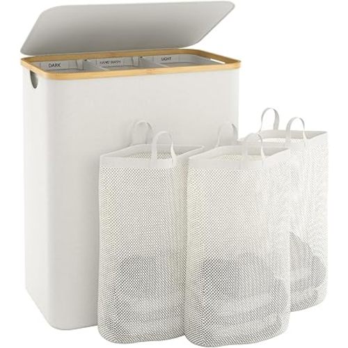 Extra Large 3 Section Dirty Clothes Laundry Basket with Lid, Dirty Clothes Hampers with Removable Bags for Bedroom and Laundry Room, Beige
