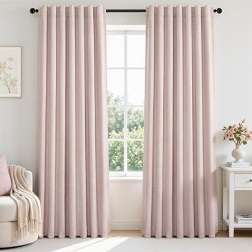 Topfinel Soft Pink 100% Blackout Curtains Linen Blended Room Darkening Curtain Panels 95 inch for Living Room Bedroom Thermal Insulated Back Tab Drapes with Hooks Rings 8FT 52Wx95L 2 Panels