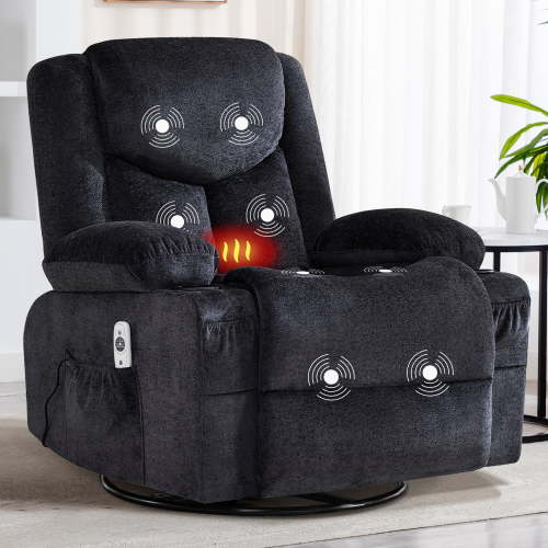 JMYMRY Swivel Rocker Recliner Chair with Vibration Massage and Heating, Cup Holders and Side Pockets, Adjustable Lounge Chair for Living Room, Black
