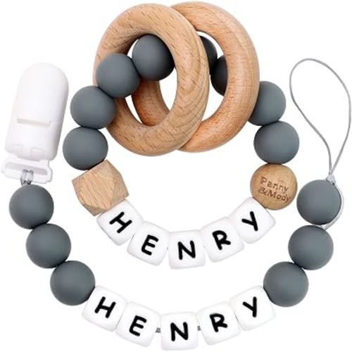 Personalized Gifts Set with Name, Luxurious Ideal Gift for Newborns, Rattle and Clip (Grey)