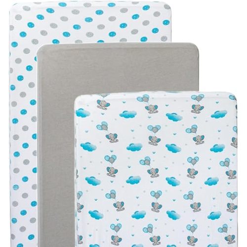 JABMARS Crib Sheets (3 Pack) - Soft Jersey Cotton Fitted Baby Crib Sheets | Cute Bed Sheets & Toddler Bed Mattress | Baby Boy Crib Bedding Set | Blue Grey Elephant