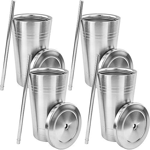 Stainless Steel Double-Walled Insulated Tumbler Cups with Straw and Spill-Resistant Screw Top Lid, 20oz, 4-Pack – Durable Travel Mugs"