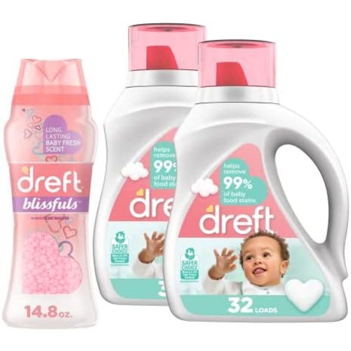 Dreft Stage 2, Active Hypoallergenic Liquid Baby Laundry Detergent for Newborn or Infant, 32 Loads, 2 Count with In-Wash Scent Booster Beads, 14.8 Ounce