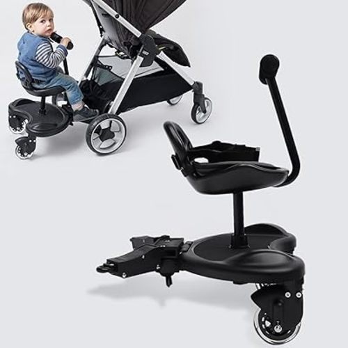 Universal 2-in-1 Stroller Board w/Shock-Absorbing Wheels, Adjustable Buggy Attachment,Detachable Seat, 55Lbs Load Toddler Ride-On Platform for Ages 2-6