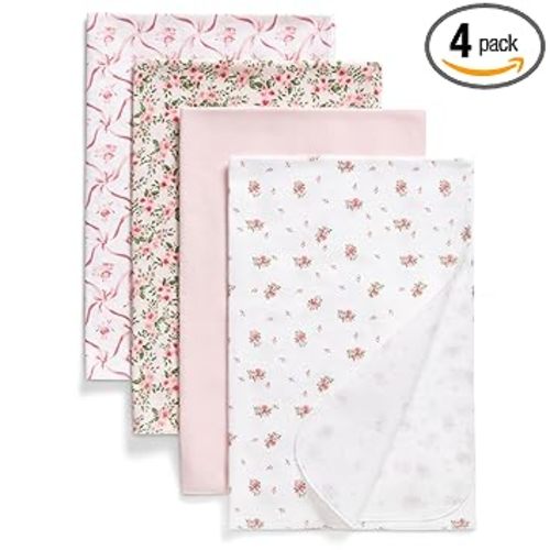 Delta Children 100% Cotton Flannel Baby Receiving Blankets for Girls and Boys – 30x30 Inches (Pack of 4), Pink Floral