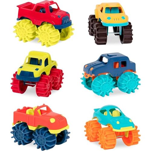 B. toys- – Plastic Toy Cars – 6-Pack & Storage Bag – Colorful Toddler Trucks – Easy To Clean – 2 Years + – Mini Monster Trucks
