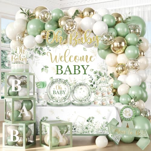Sage Green Baby Shower Decorations Set,Serves 25 Guests | All-in-one gender neutral party supplies kit,balloon arch,backdrop,tableware set,sash,easy to use,for boy baby shower