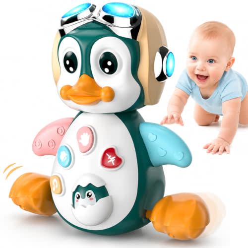 Toptrend Penguin Baby Crawling Toys, Infant Musical Light Up Tummy Time Toys, Newborn Sensory Interactive Baby Toy Birthday Gift for Babies Girl Boy