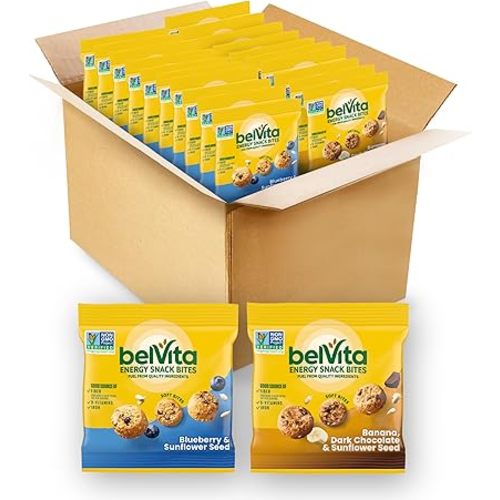 belVita Energy Snack Bites Variety Pack, Banana Dark Chocolate & Sunflower Seed, Blueberry & Sunflower Seed, 15 Snack Packs