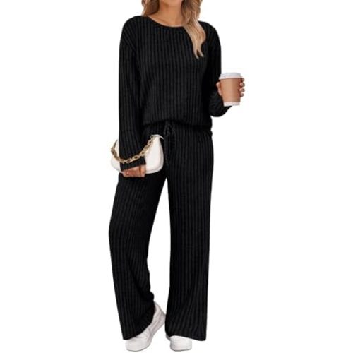 LILLUSORY Womens Lounge Sets 2 Piece Matching Pajamas Fall Fashion 2025 Ribbed Knit Outfits Long Sleeve Casual Sweatsuits