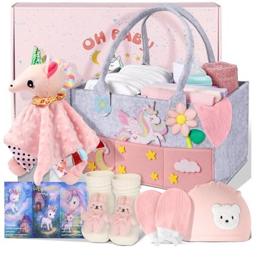 Coralogo Baby Shower Gift Basket - Baby Gift Set with Diaper Caddy, Gifts for New Mom, Gender Reveal Gifts, New Born Essential Include Security Blanket Hat Bib Socks Mittens, Girl