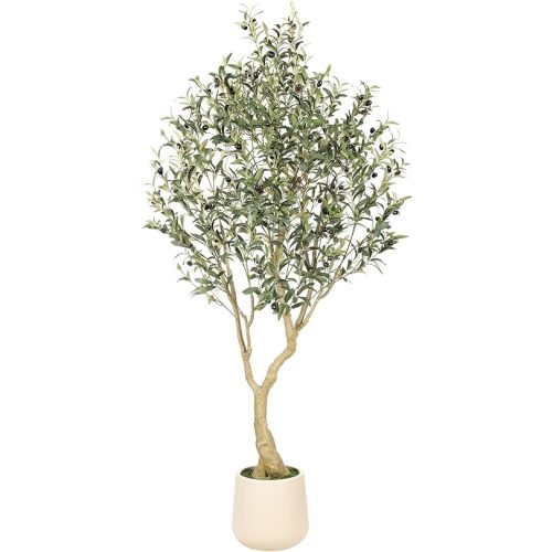 Realead 6ft Artificial Olive Tree with Tall Exquisite Planter - Realistic Faux Olive Tree with Thick Trunk and Lifelike Fruits - Large Fake Olive Tree for Home Office Decor