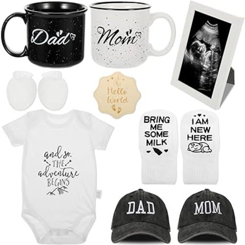 12 Pcs New Mom Gifts, New Parents Gifts for Couples, Gender Reveal, Expecting Parents to Be Baby Shower, Bear Mug, Decision Coin, Baby Socks, Bodysuit Set