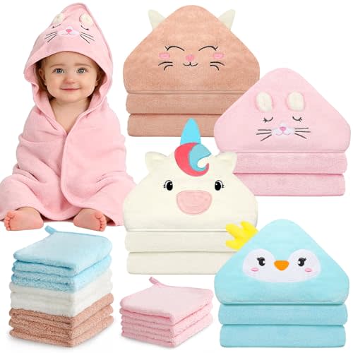 Flasoo 14 Pcs Baby Towel Set, Soft Baby Bath Towels and Washcloths Set, 4 Pcs 32x32 in Animal Hooded Bath Towel & 10 Pcs Baby Washcloths for Infants, Toddlers and Kids for Boys or Girls