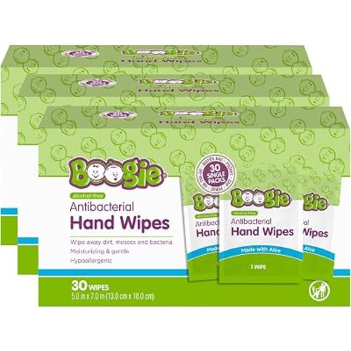 Boogie Antibacterial Hand Wipes - 90 Count - Hypoallergenic & Alcohol-Free - Individually Wrapped - Travel and Diaper Bag Essential