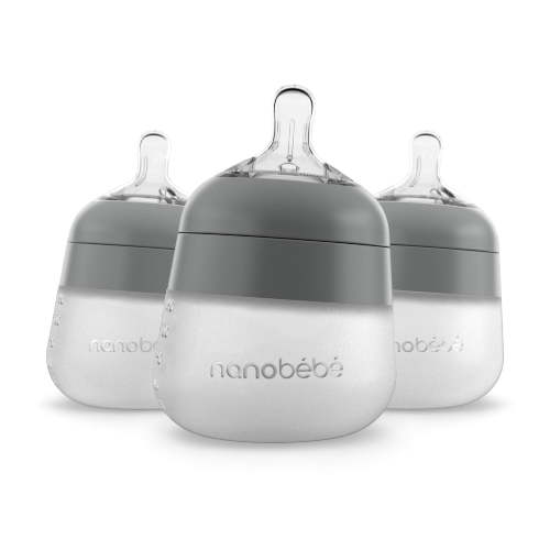 Nanobebe Flexy Silicone Baby Bottle, Anti-Colic, Natural Feel, Non-Collapsing Nipple, Non-Tip Stable Base, Easy to Clean, 3-Pack, Gray, 5 oz