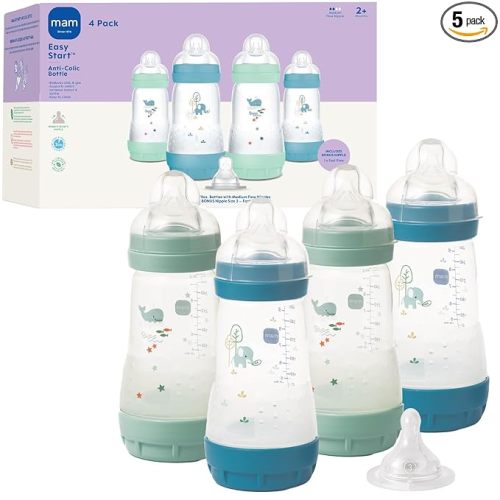 MAM 9oz Easy Start Anti-Colic Wide Neck Baby Bottle, Medium Flow Breastfeeding-Like Nipple, Reduces Colic Gas & Reflux, Easy to Clean, BPA Free, 2+ Months, Bonus Fast Flow Nipple, 4 Pack