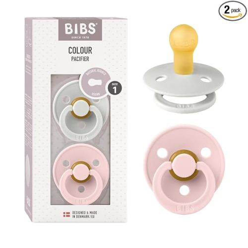 BIBS Pacifiers Colour Collection | Natural Rubber Baby Pacifier | Set of 2 BPA-Free Soothers | Made in Denmark | 0+ Months (Pack of 2) | Blossom/Haze | Natural Rubber Latex | Size 1 | BPA-Free | Made in Denmark | High Nipple Acceptance | Airflow Holes | C