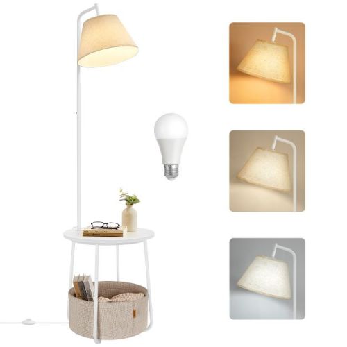VASAGLE End Table with Lamp, 3-in-1 Floor Lamp with Table and Fabric Basket for Living Room, Angle-Adjustable Lampshade, Steel Frame, Matte White