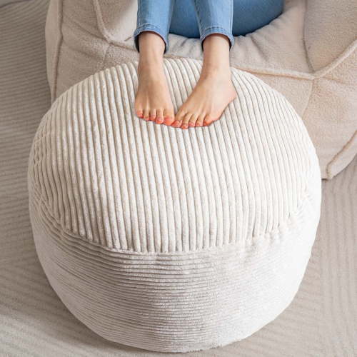 BYBYME Round Pouf Ottoman,A Modern Foam Stuffed Poof Perfect to Rest Your Feet,26X18 Corduroy Soft Poufs for Living Room,Beige