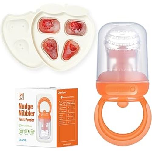 Silicone Baby Fruit Food Feeder & Breastmilk Popsicle Molds Combo, Silicone Feeder for Safe Infant Self Feeding, 6+ Month (Orange)