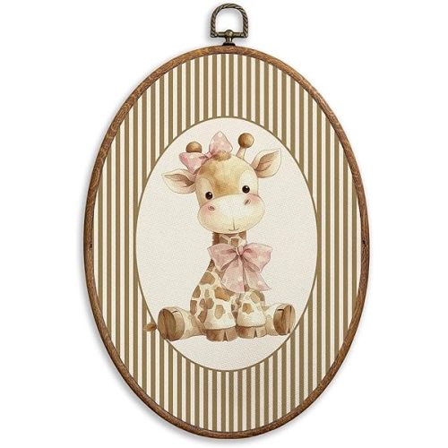 SONMYSULIL Pink Bow Giraffe Nursery Wall Art Decor, Animal Nursery Oval Wall Hanging Decor, Baby Giraffe Striped Framed Canvas Prints for Kids Toddler Girls Room Bedroom Playroom, 8.6x11.4 Inch