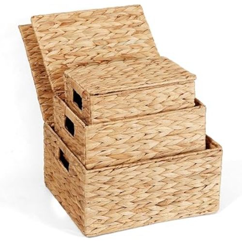 Wicker Storage Baskets with Lids,Multi-size 3 Pack Natural Water Hyacinth Wicker Nesting Baskets,Decorative Storage Ratten Boxes for Organizing,Storage,and Gifts