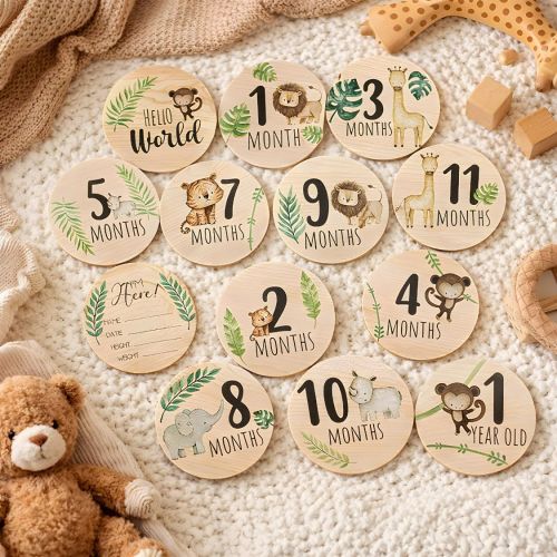 7-Piece Double-Sided Wooden Baby Milestone Set – Safari Jungle Theme | “Hello World” to “1 Year Old” Keepsake Photo Props