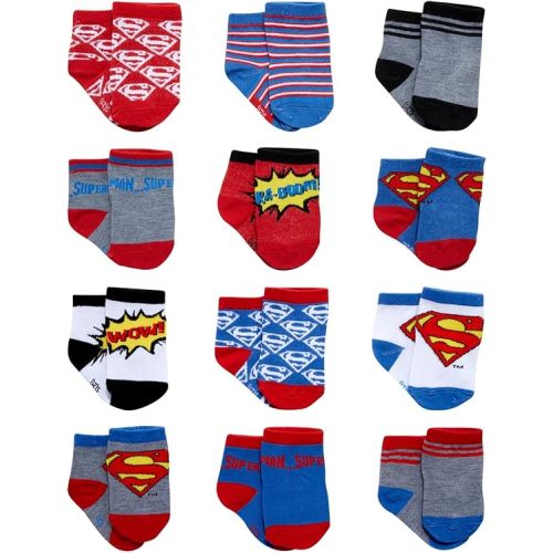 DC Comics Baby Boys’ and Girls’ Socks - 12 Pack Batman, Wonder Woman, Superman, Justice League, Super Girl Socks (0-24M)