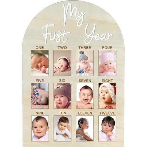 My First Year Arch Photo Frame, Natural Wooden Monthly Milestone Photo Board for Baby Birthday Party Decorations (17x11.8in)