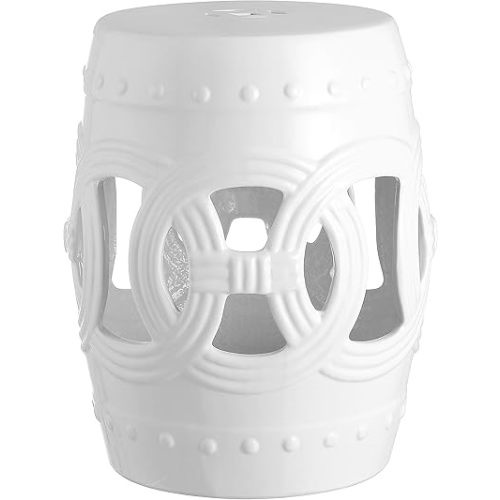 JONATHAN Y TBL1022A Lucky Coins 16" Chinese Ceramic Drum Indoor/Outdoor Garden Stool, Bohemian, Coastal, Cottage, French Country, Traditional, Spill-Proof, Living Room, Garden Room, Patio, White