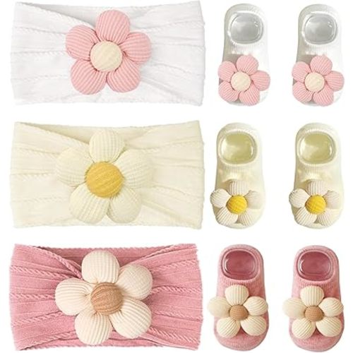 CÉLLOT Baby Girl Headband and Socks, Non-Slip Floral Socks and Soft Floral Nylon Hairbands for Babies Infants and Toddlers